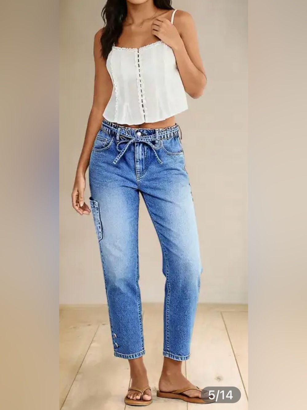 Flamingals Button Hem Belted Elastic Waistband Mid Rise Straight Leg Crop Jeans